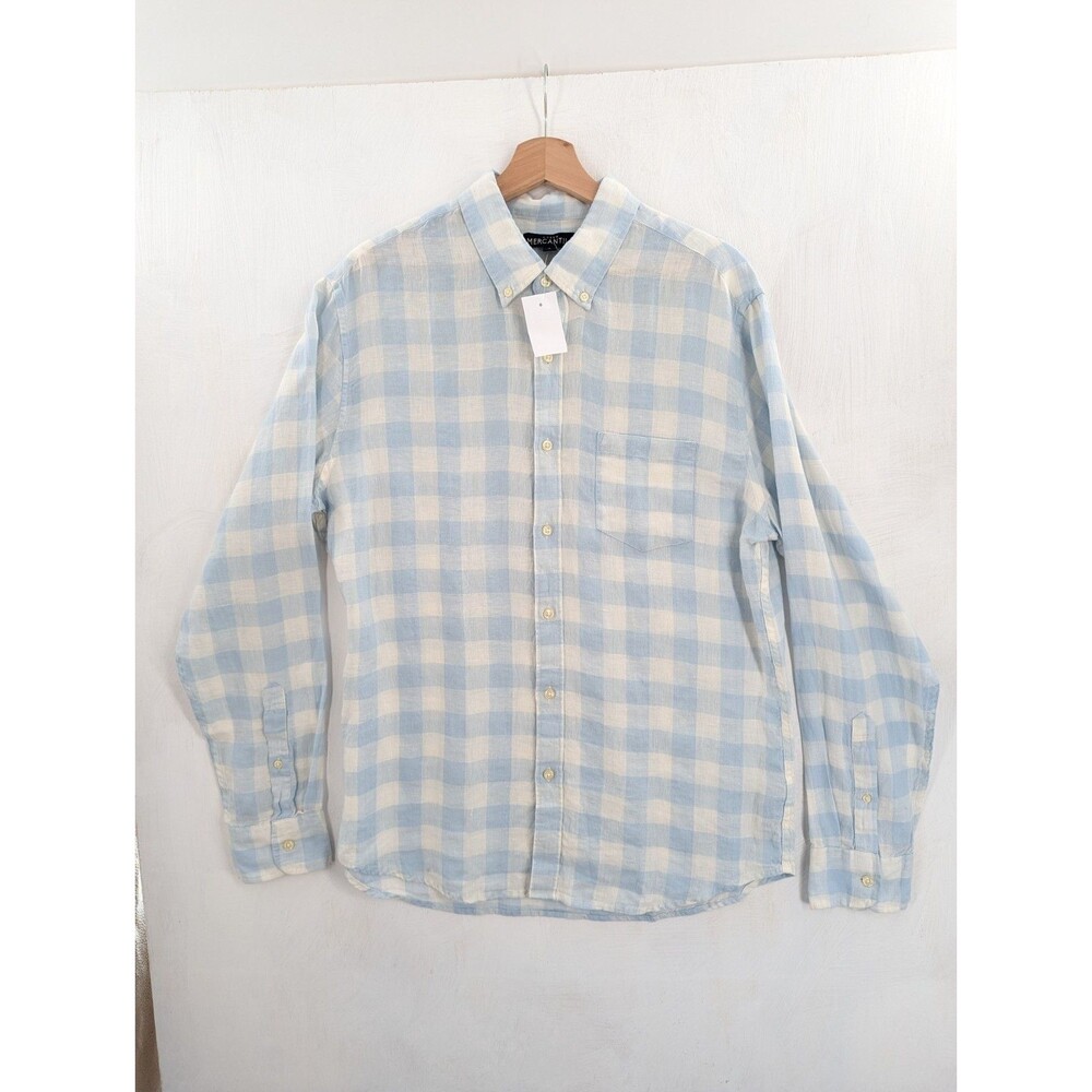 J.Crew Shirt Sz L Men's Blue White Slim Linen Plaid Button Up Long Sleeve